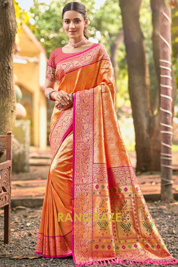 Peach Orange Kanjivaram Silk Saree with Paithani Pallu