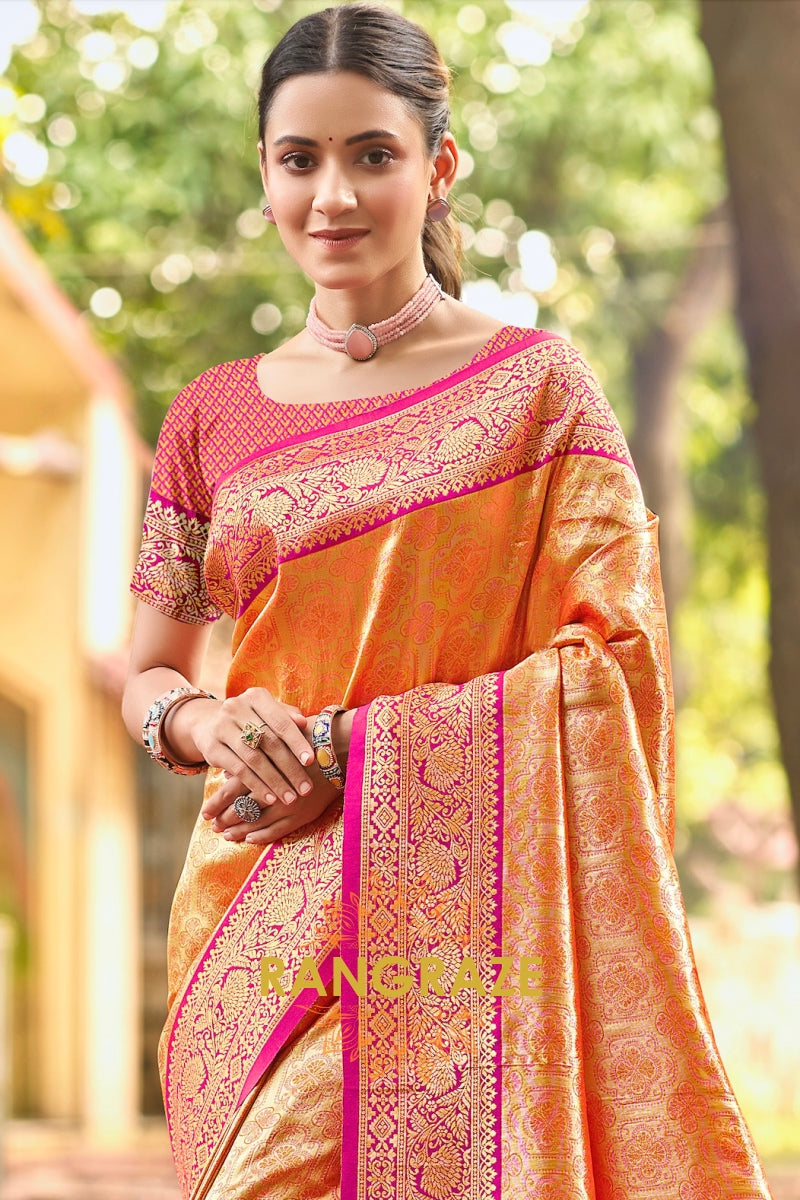 Peach Orange Kanjivaram Silk Saree with Paithani Pallu