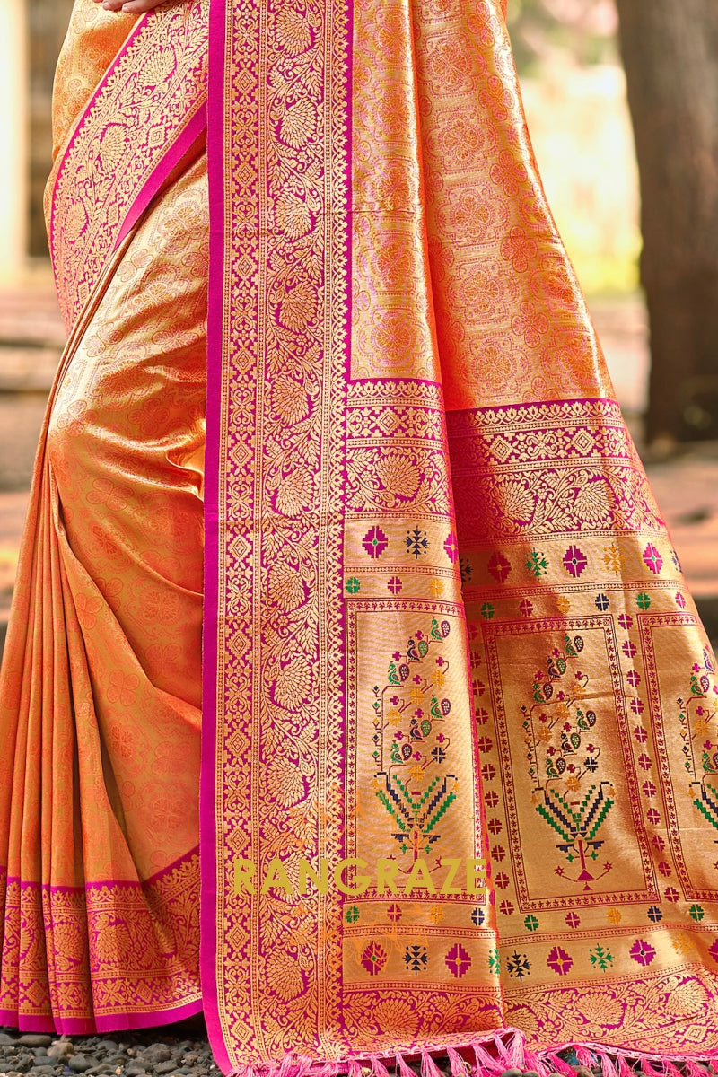 Peach Orange Kanjivaram Silk Saree with Paithani Pallu