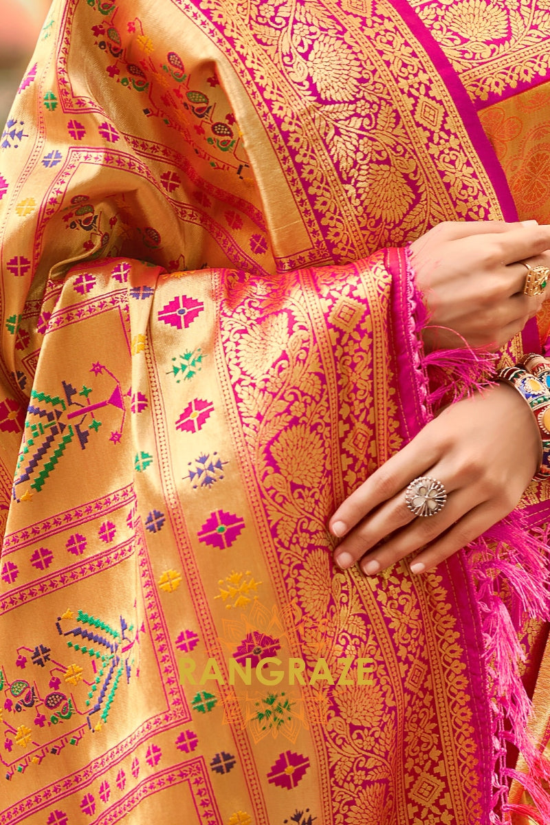 Peach Orange Kanjivaram Silk Saree with Paithani Pallu