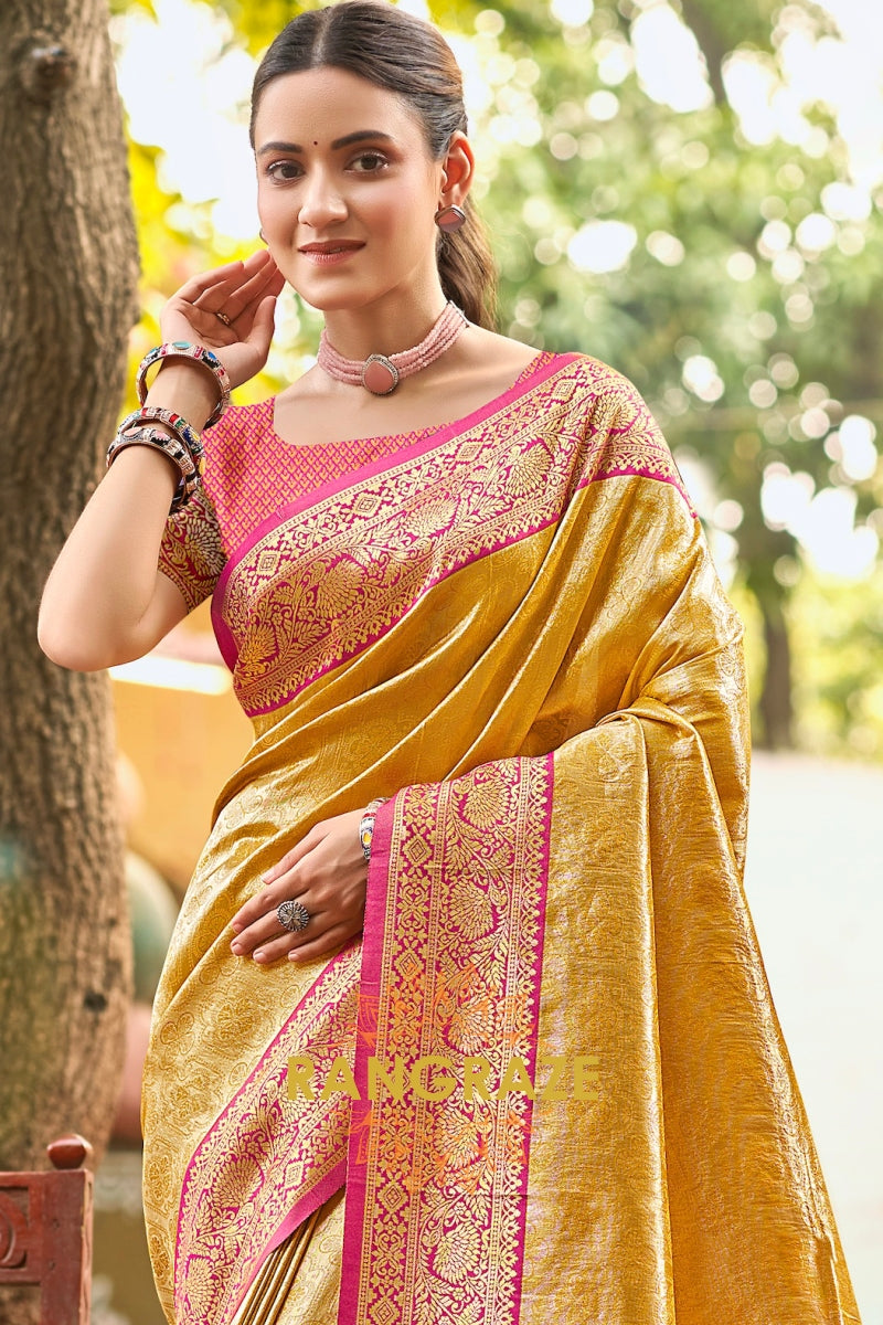 Golden Yellow Kanjivaram Silk Saree with Paithani Pallu