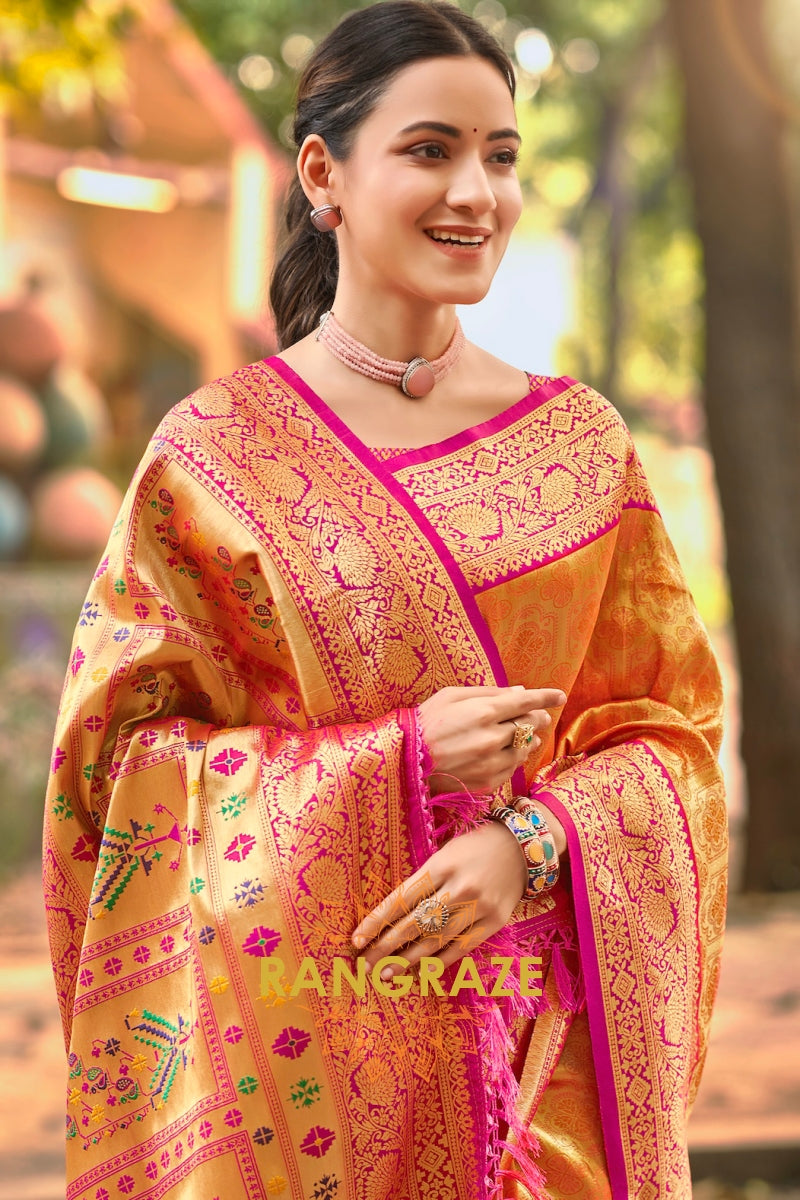 Peach Orange Kanjivaram Silk Saree with Paithani Pallu