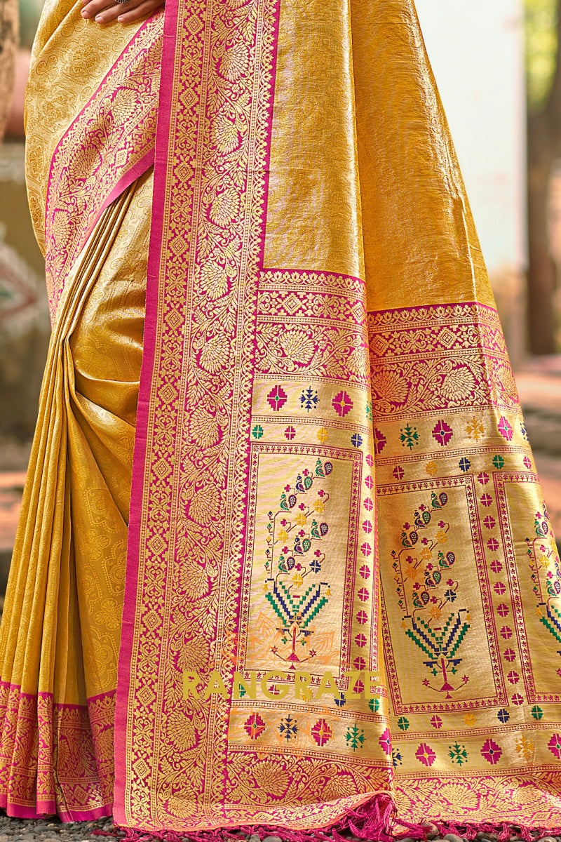 Golden Yellow Kanjivaram Silk Saree with Paithani Pallu