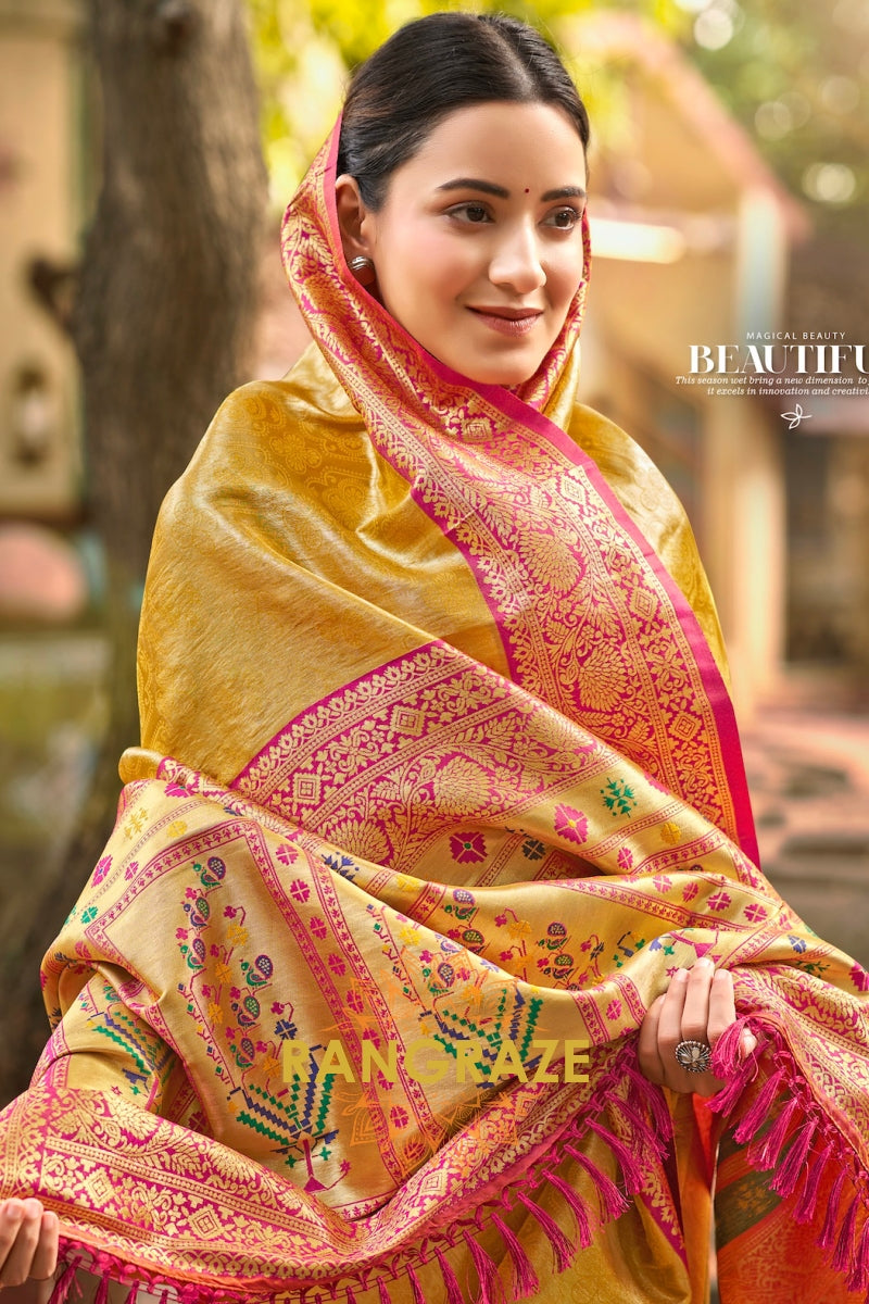 Golden Yellow Kanjivaram Silk Saree with Paithani Pallu