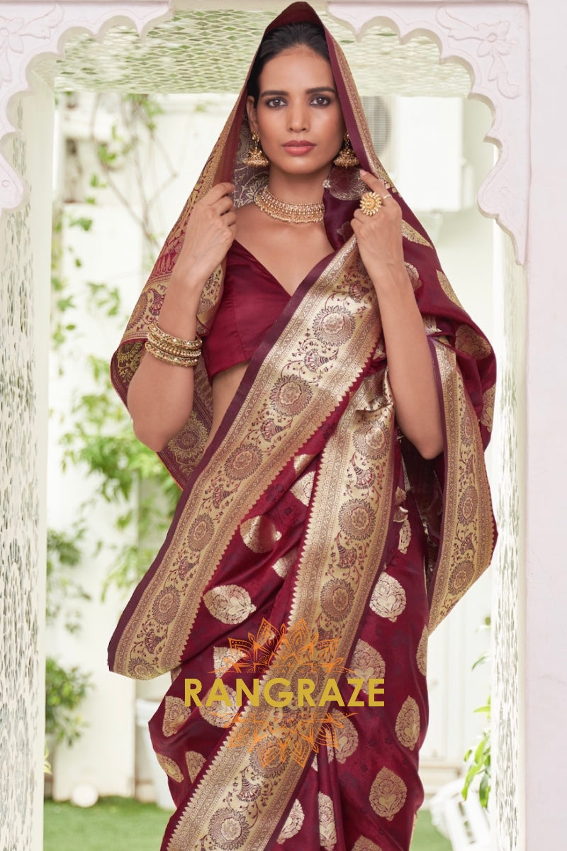 Golden Brown Pure Satin Weaving Banarasi Silk Saree