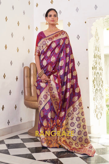 Golden Purple Pure Satin Weaving Banarasi Silk Saree
