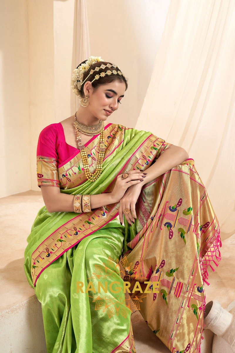 Regal Parrot Green Paithani Tissue Silk Saree with Tassels