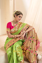 Regal Parrot Green Paithani Tissue Silk Saree with Tassels