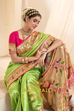 Regal Parrot Green Paithani Tissue Silk Saree with Tassels
