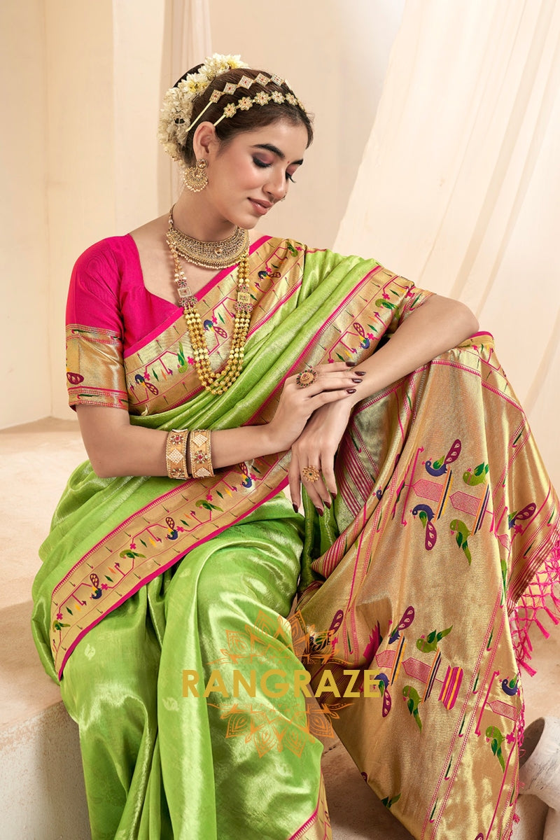 Regal Parrot Green Paithani Tissue Silk Saree with Tassels