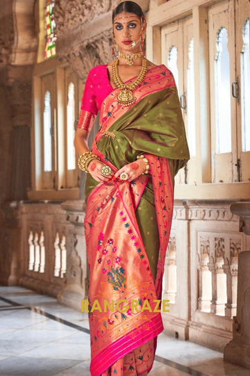 Olive Green and Pink Paithani Silk Saree