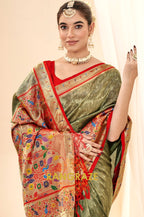 Classy Olive Green Paithani Tissue Silk Saree with Zari Boarder