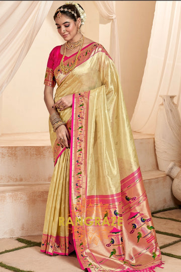 Regal Golden Beige Paithani Tissue Silk Saree with Tassels