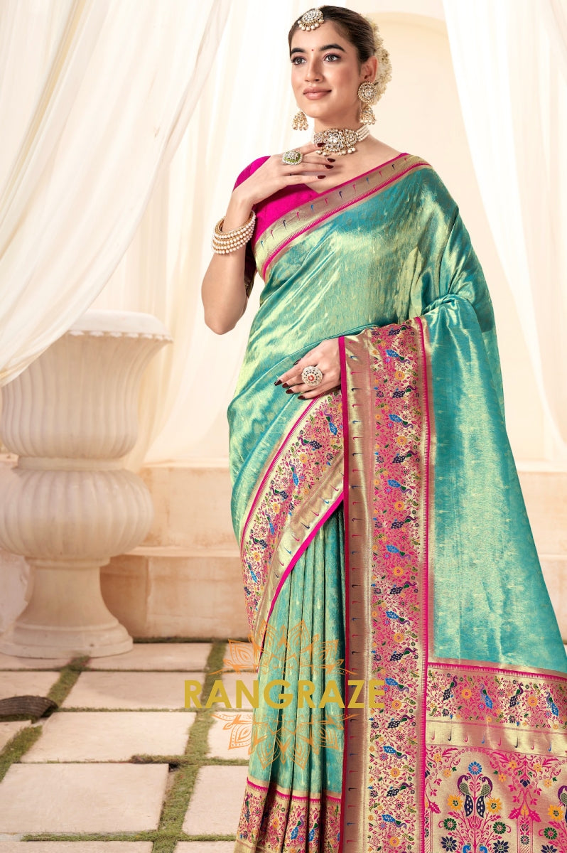 Seafoam Green Paithani Tissue Silk Saree with Zari Border