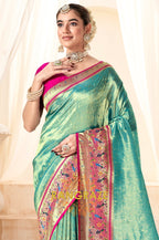 Seafoam Green Paithani Tissue Silk Saree with Zari Border