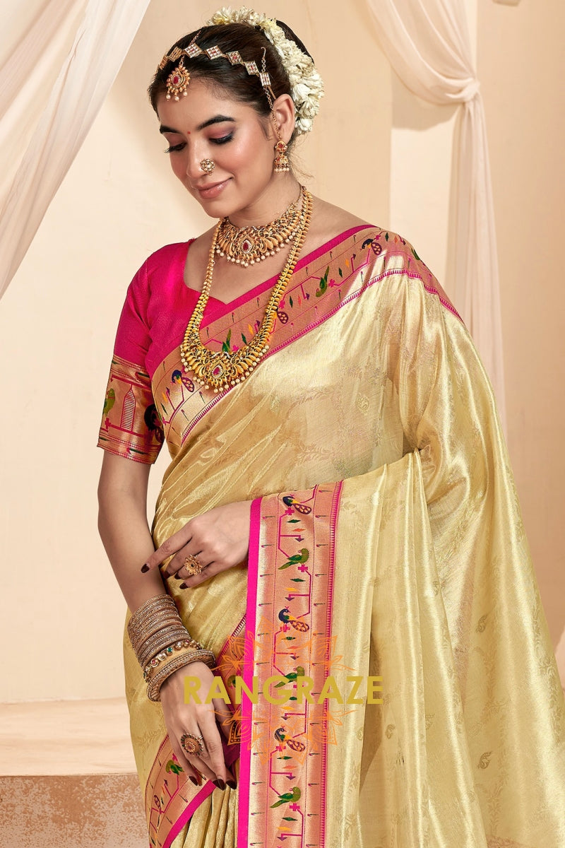 Regal Golden Beige Paithani Tissue Silk Saree with Tassels