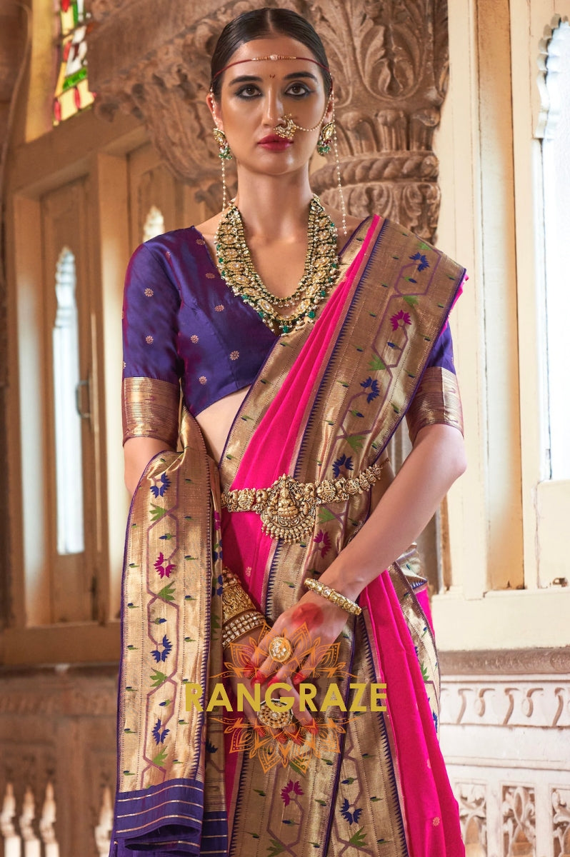 Bright Pink and Purple Paithani Silk Saree