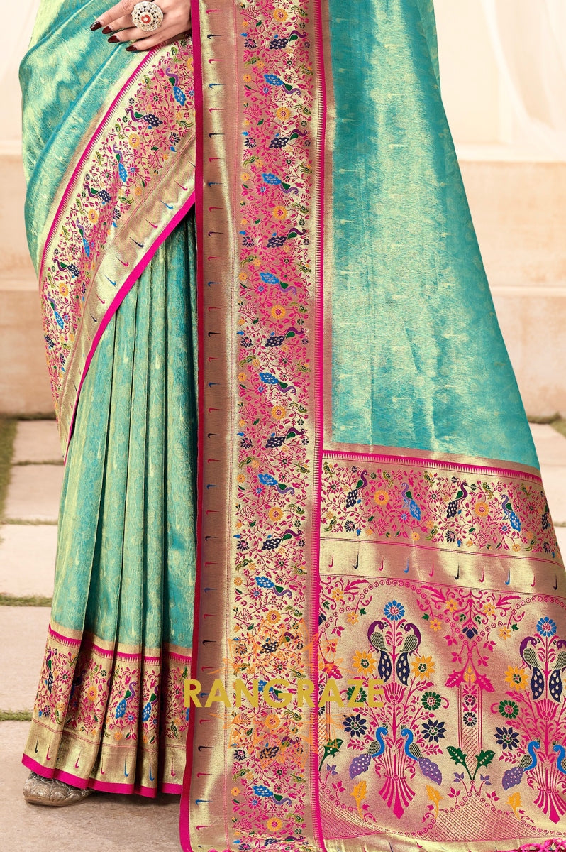 Seafoam Green Paithani Tissue Silk Saree with Zari Border