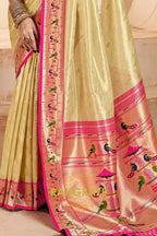 Regal Golden Beige Paithani Tissue Silk Saree with Tassels