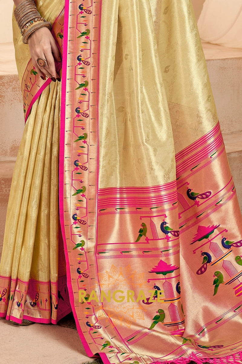 Regal Golden Beige Paithani Tissue Silk Saree with Tassels