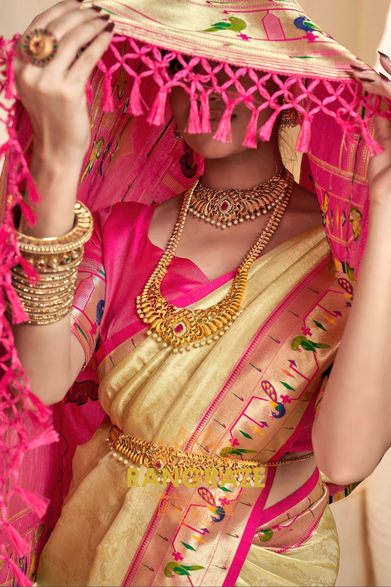 Regal Golden Beige Paithani Tissue Silk Saree with Tassels