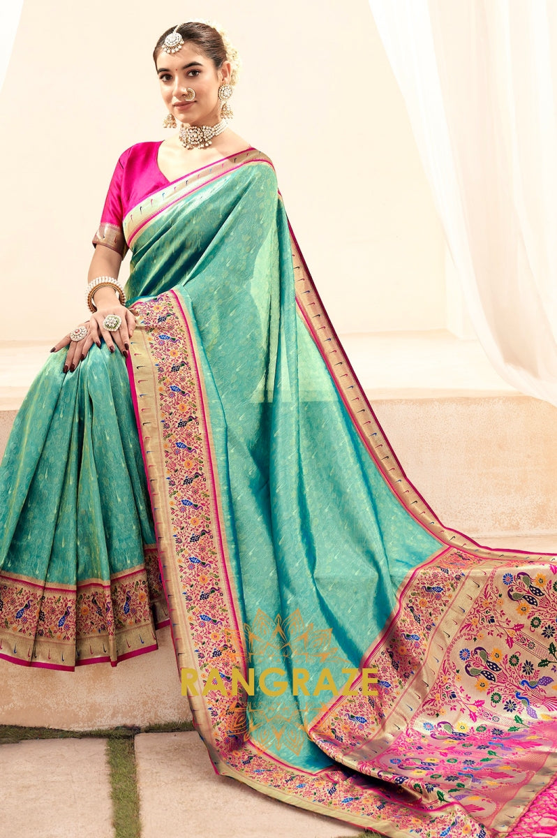 Seafoam Green Paithani Tissue Silk Saree with Zari Border