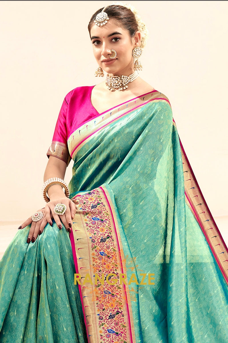 Seafoam Green Paithani Tissue Silk Saree with Zari Border