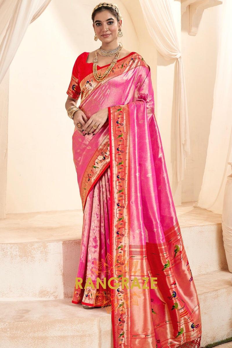 Regal Pink Paithani Tissue Silk Saree with Tassels