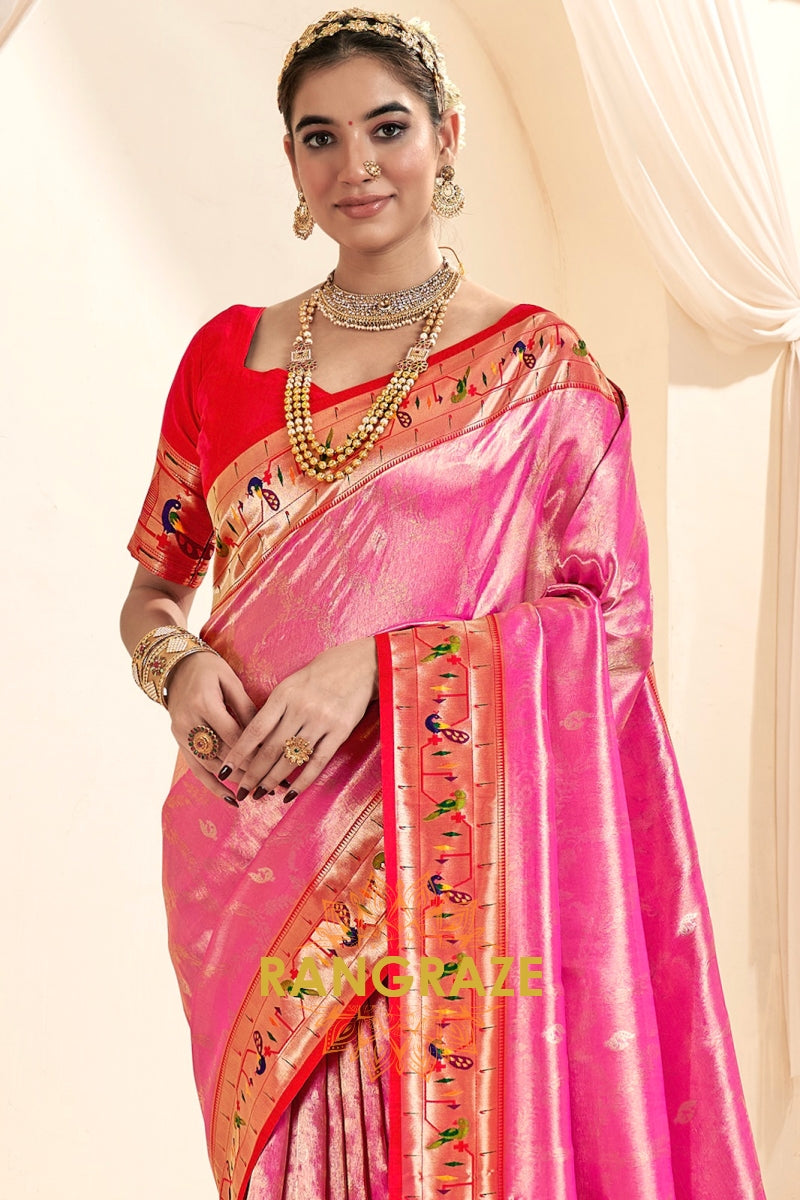 Regal Pink Paithani Tissue Silk Saree with Tassels