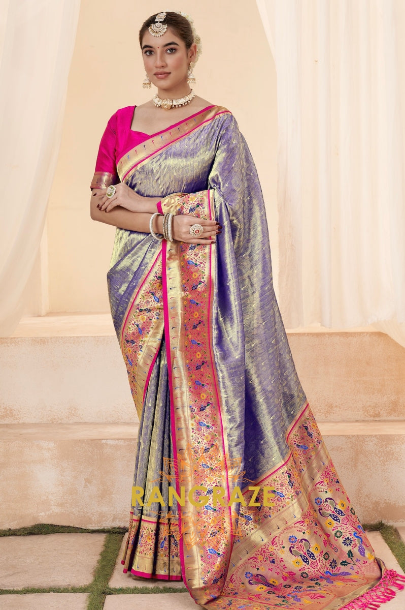 Shimmery Blue Paithani Tissue Silk Saree with Zari Border