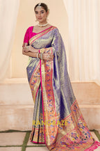 Shimmery Blue Paithani Tissue Silk Saree with Zari Border