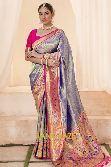 Shimmery Blue Paithani Tissue Silk Saree with Zari Border