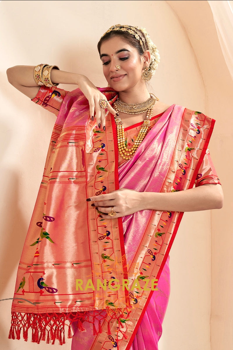 Regal Pink Paithani Tissue Silk Saree with Tassels