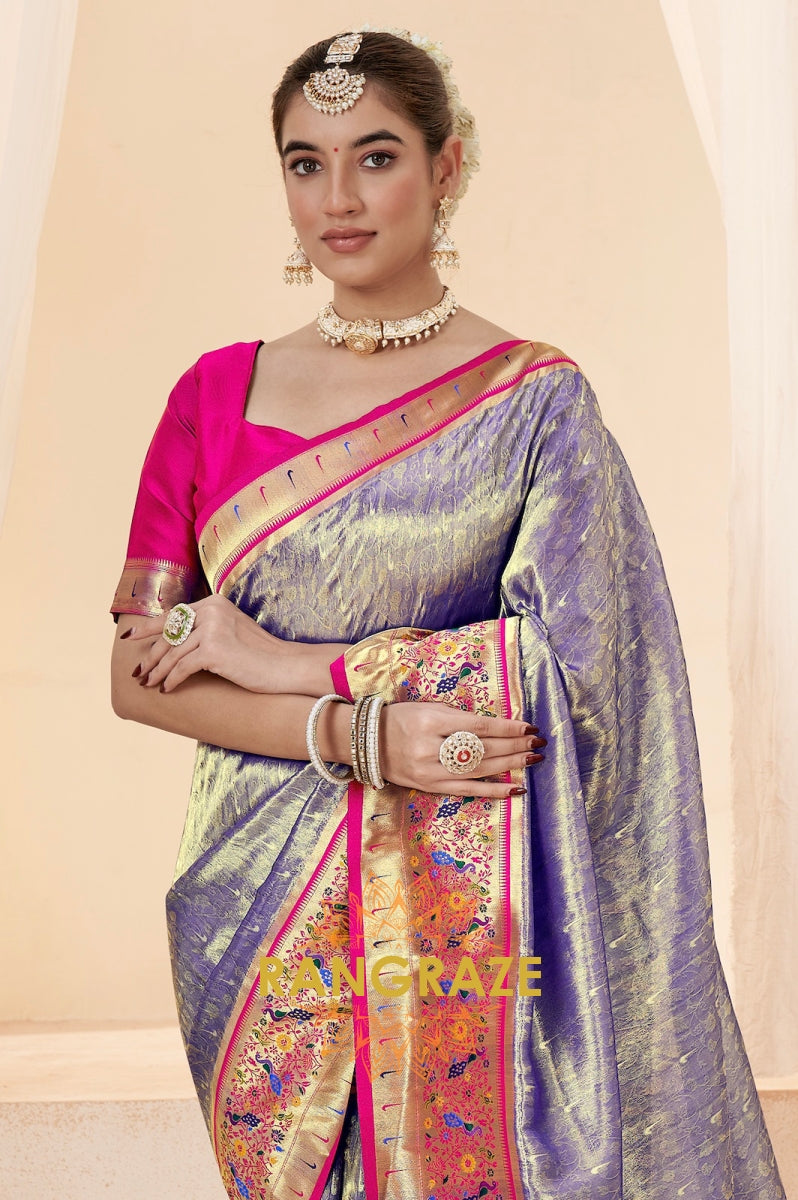 Shimmery Blue Paithani Tissue Silk Saree with Zari Border