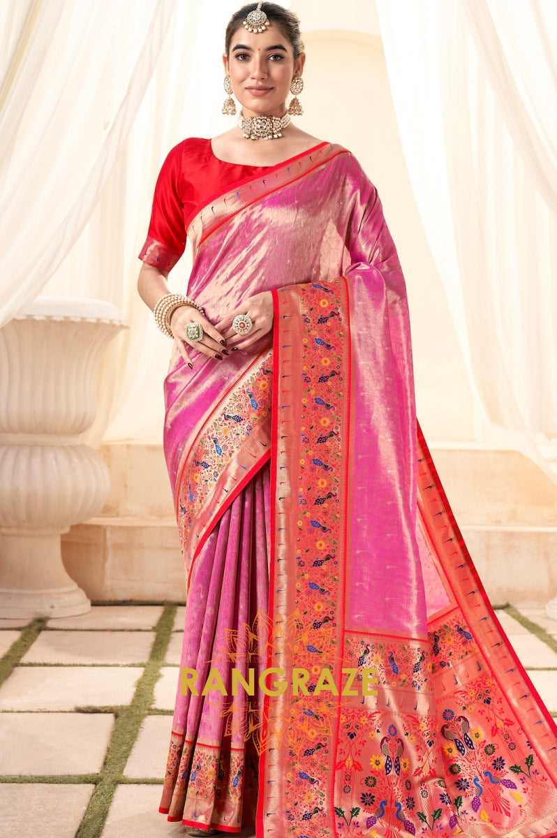 Bright Pink Paithani Tissue Silk Saree with Zari Border