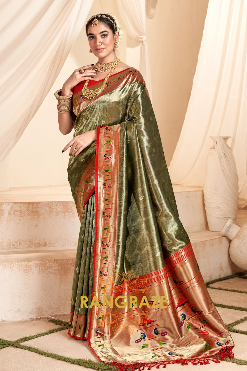 Regal Olive Green Paithani Tissue Silk Saree with Tassels