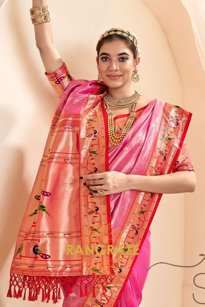 Regal Pink Paithani Tissue Silk Saree with Tassels