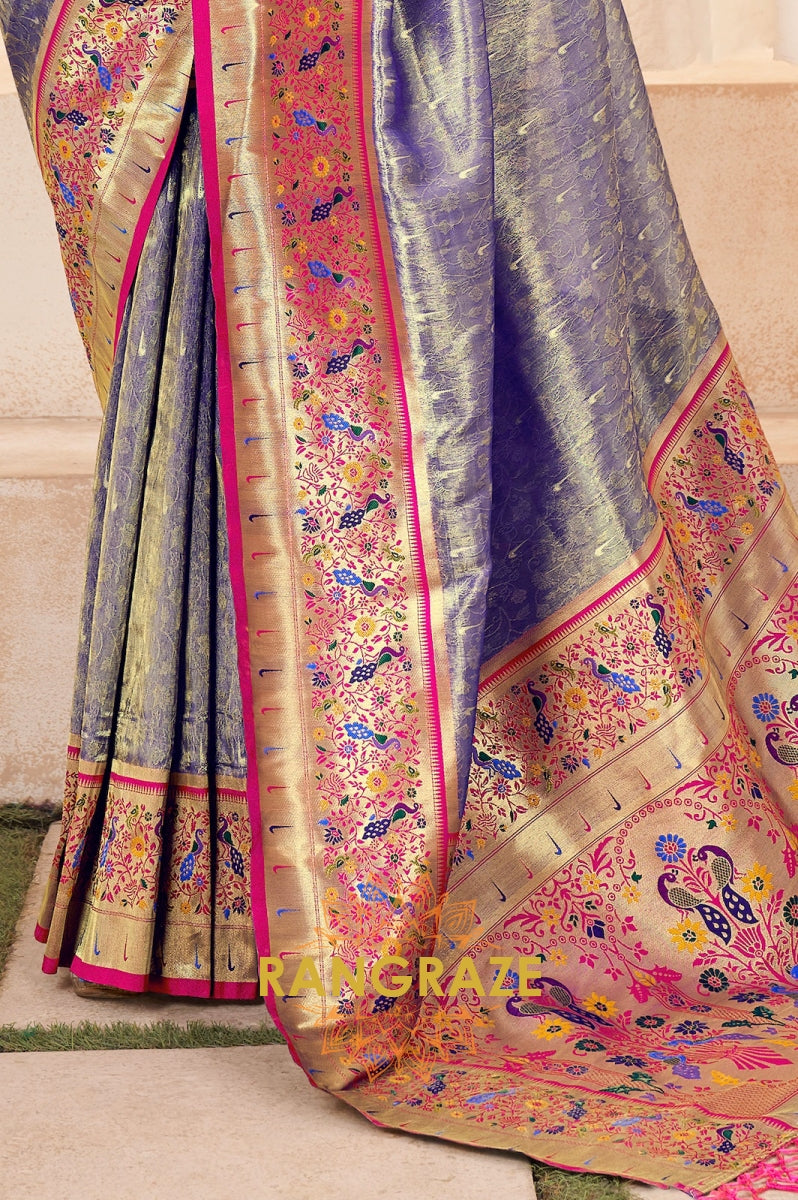 Shimmery Blue Paithani Tissue Silk Saree with Zari Border