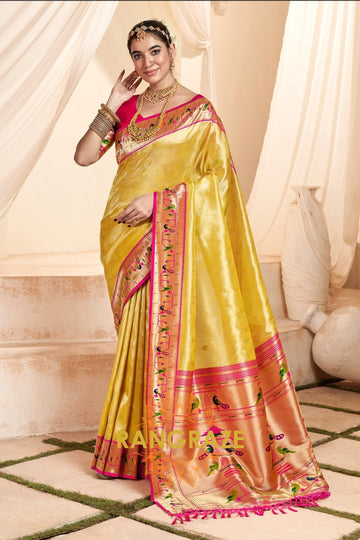 Regal Golden Yellow Paithani Tissue Silk Saree with Tassels