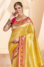 Regal Golden Yellow Paithani Tissue Silk Saree with Tassels