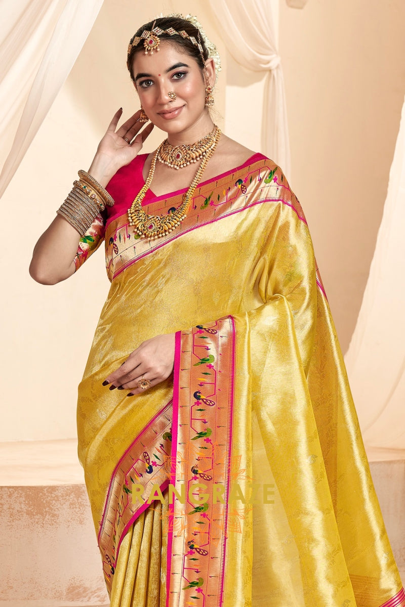 Regal Golden Yellow Paithani Tissue Silk Saree with Tassels