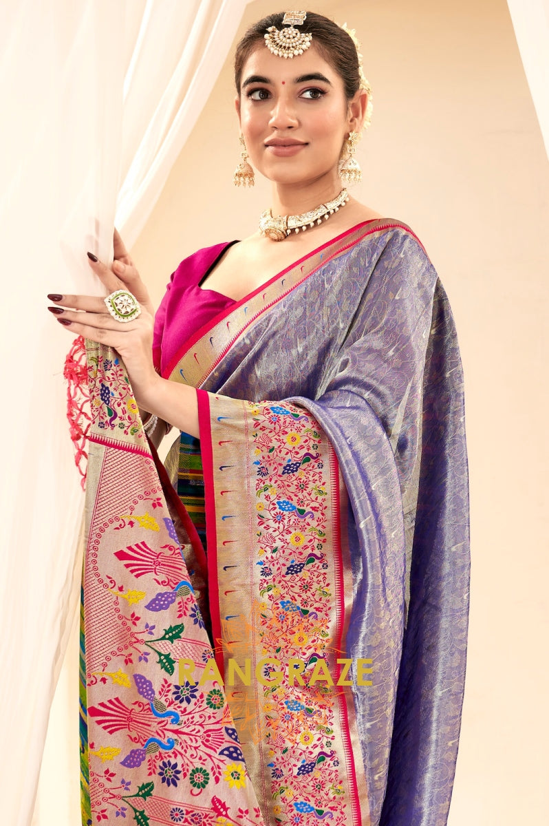Shimmery Blue Paithani Tissue Silk Saree with Zari Border
