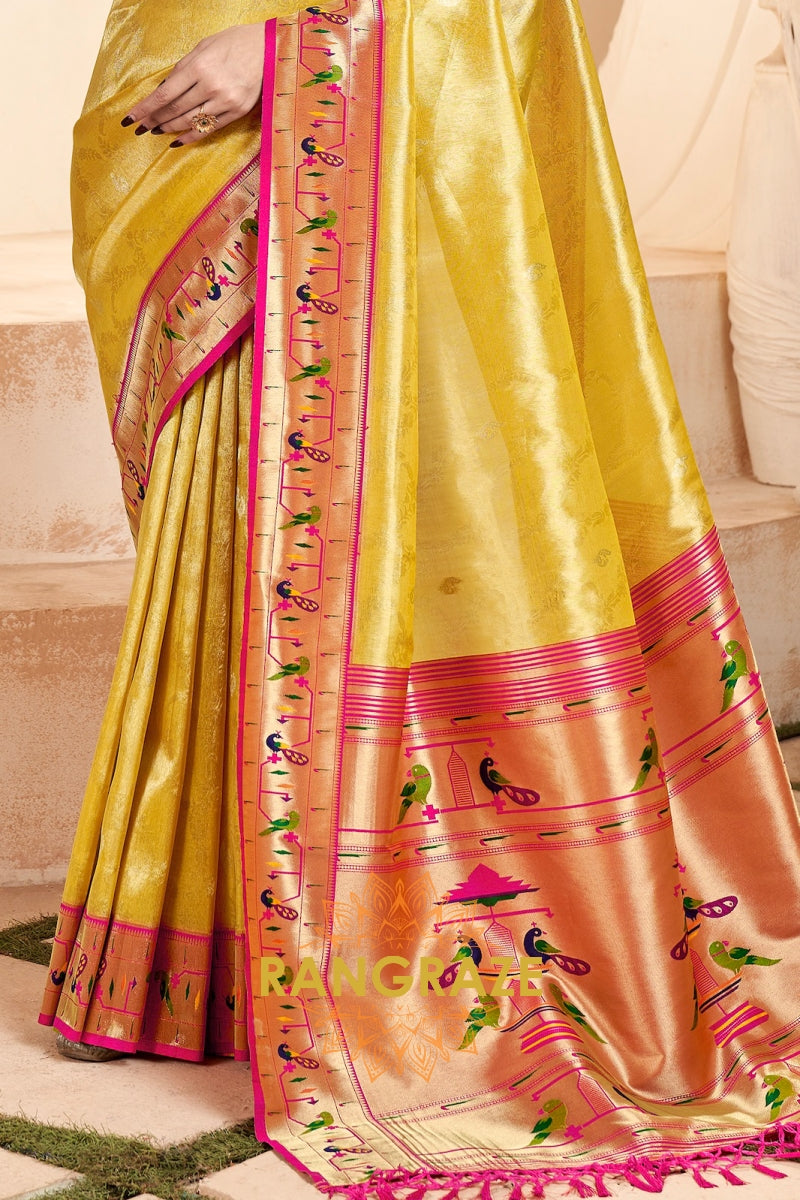 Regal Golden Yellow Paithani Tissue Silk Saree with Tassels