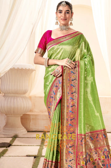 Lime Green Paithani Tissue Silk Saree with Zari Border