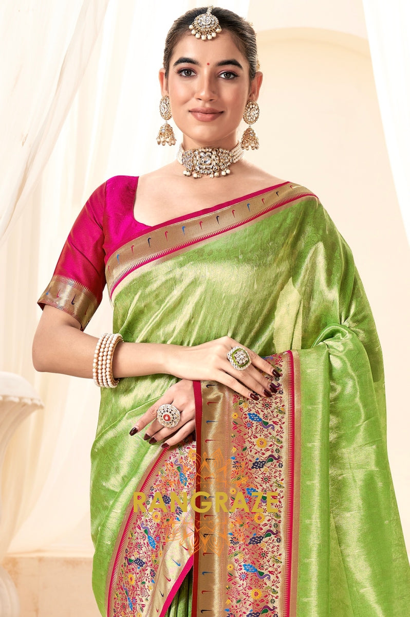 Lime Green Paithani Tissue Silk Saree with Zari Border