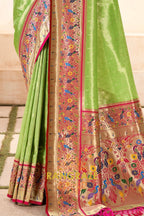 Lime Green Paithani Tissue Silk Saree with Zari Border