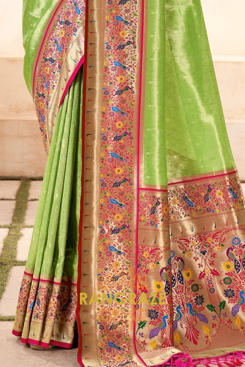 Lime Green Paithani Tissue Silk Saree with Zari Border