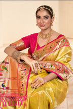 Regal Golden Yellow Paithani Tissue Silk Saree with Tassels