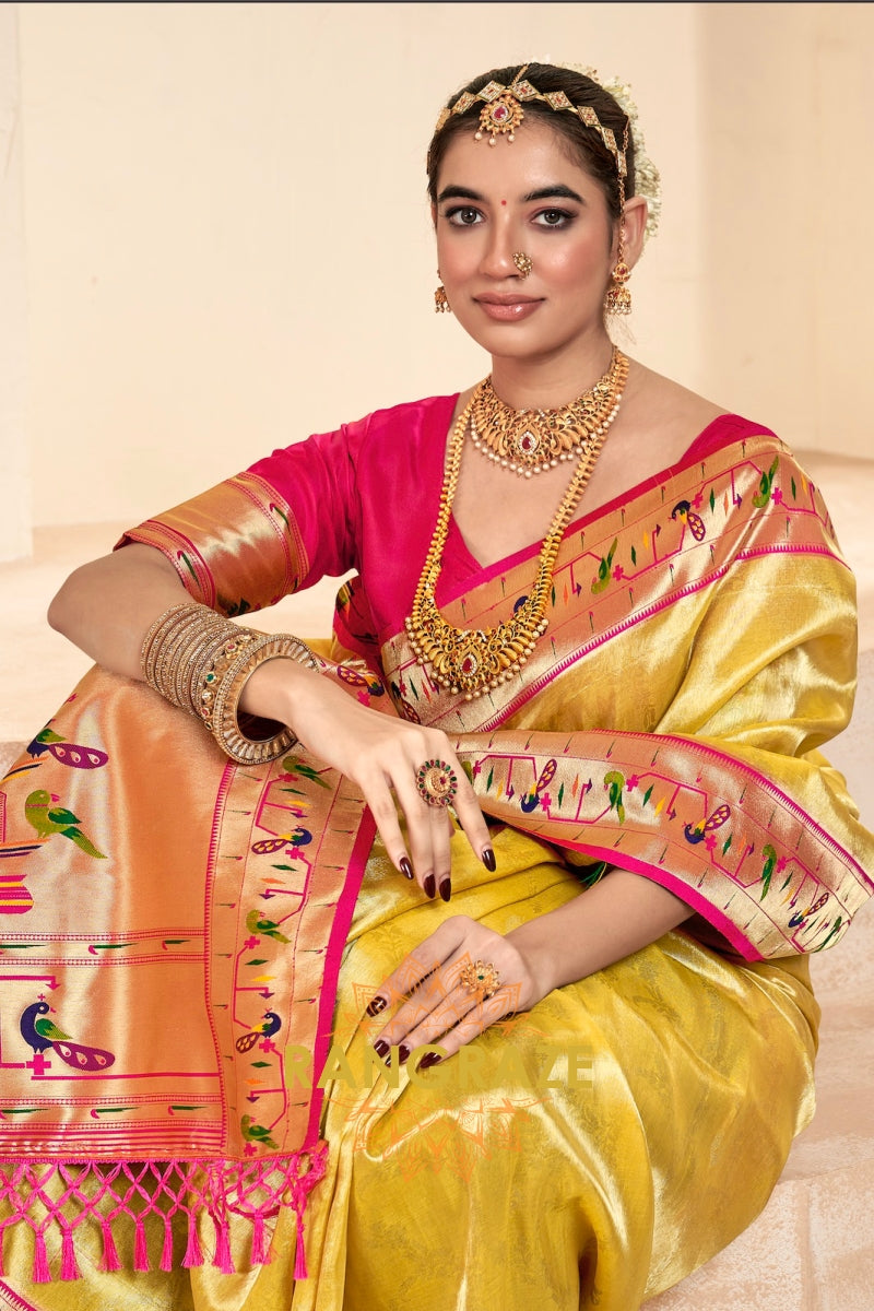 Regal Golden Yellow Paithani Tissue Silk Saree with Tassels