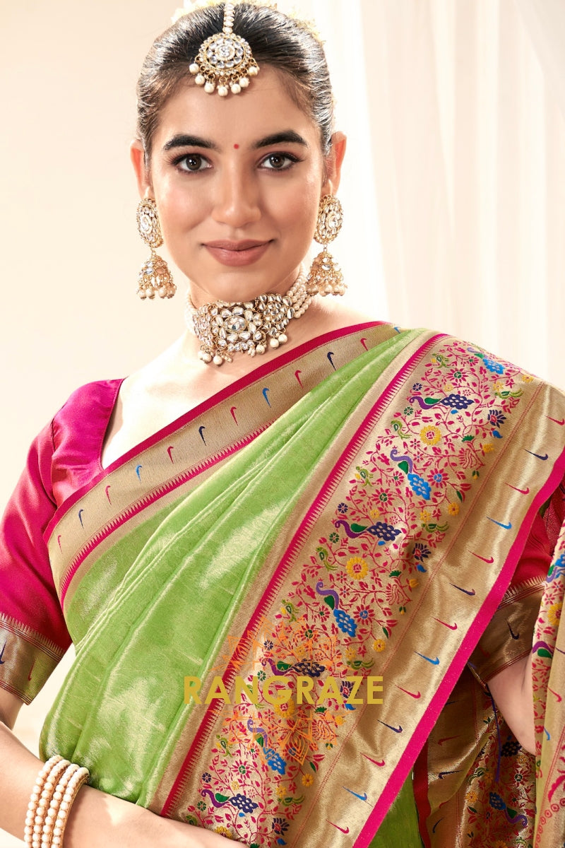 Lime Green Paithani Tissue Silk Saree with Zari Border